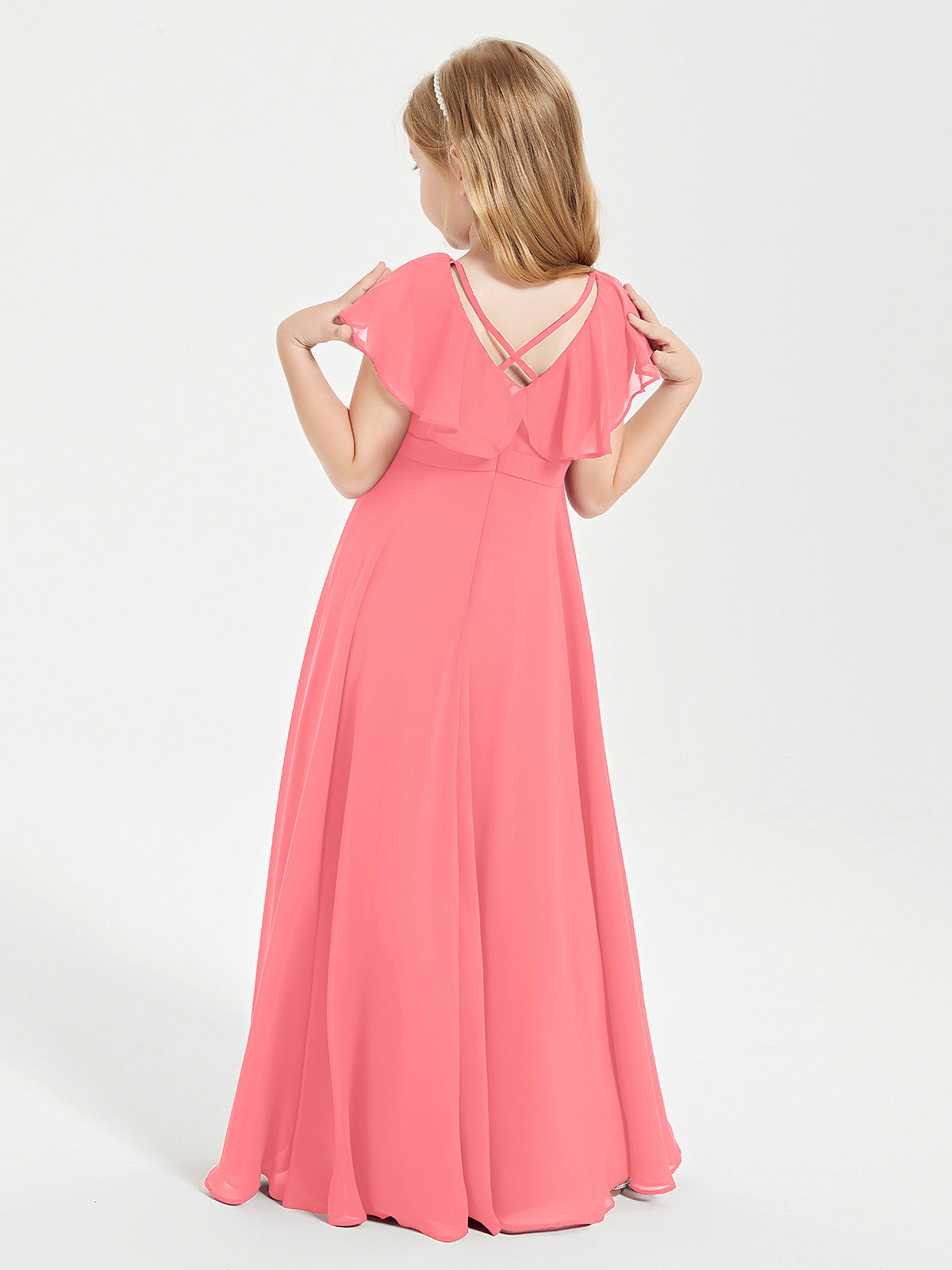 Delicate Chiffon Junior Bridesmaid Gown Flutter Sleeves V-neck Watermelon